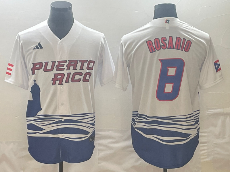 Men's Puerto Rico Baseball #8 Eddie Rosario 2023 White World Baseball Classic Stitched Jersey